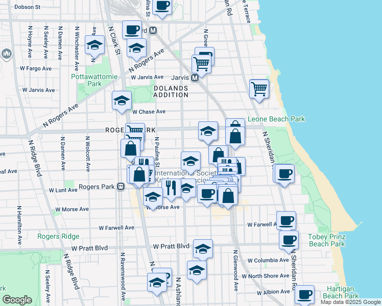 map of restaurants, bars, coffee shops, grocery stores, and more near 1528 West Greenleaf Avenue in Chicago