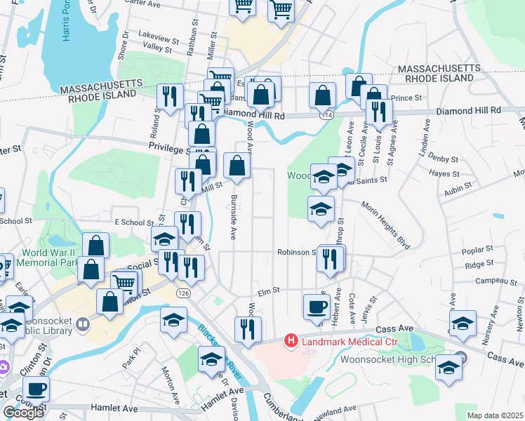 map of restaurants, bars, coffee shops, grocery stores, and more near 387 Wood Avenue in Woonsocket