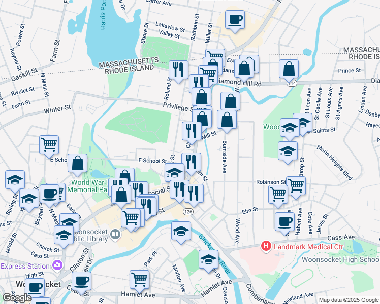 map of restaurants, bars, coffee shops, grocery stores, and more near 626 East School Street in Woonsocket