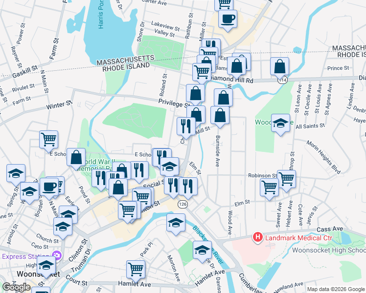 map of restaurants, bars, coffee shops, grocery stores, and more near 626 East School Street in Woonsocket