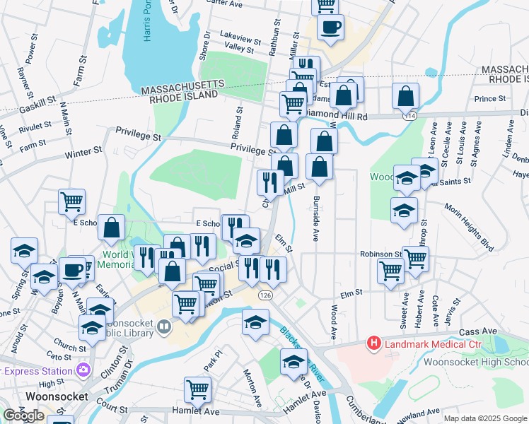 map of restaurants, bars, coffee shops, grocery stores, and more near 626 East School Street in Woonsocket