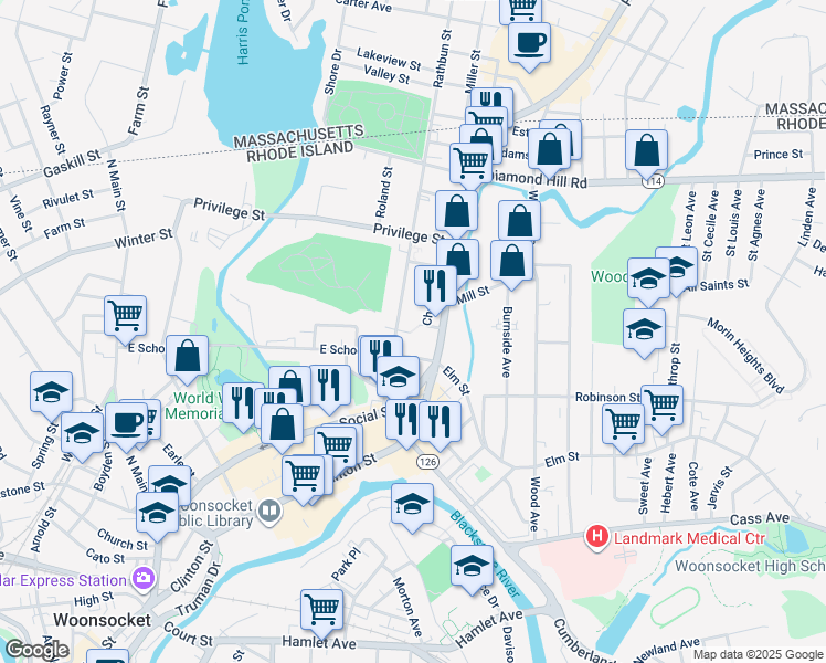 map of restaurants, bars, coffee shops, grocery stores, and more near 626 East School Street in Woonsocket