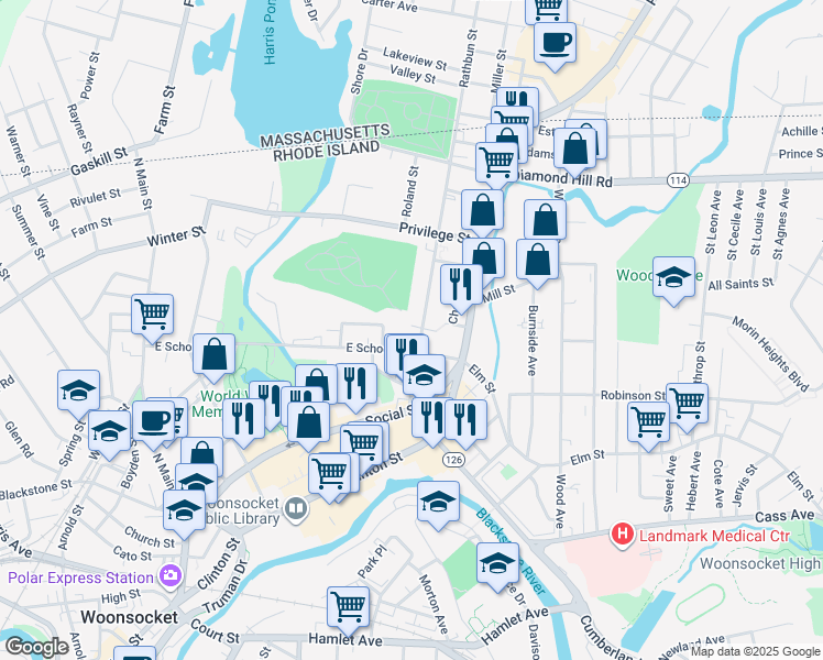 map of restaurants, bars, coffee shops, grocery stores, and more near 105 Rathbun Street in Woonsocket