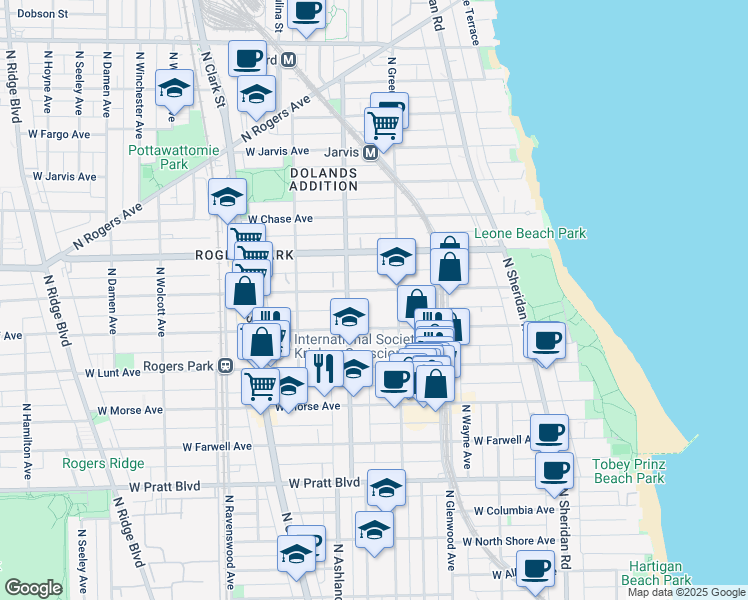 map of restaurants, bars, coffee shops, grocery stores, and more near 1528 West Greenleaf Avenue in Chicago