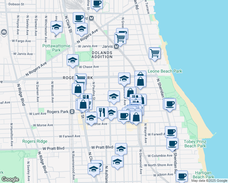 map of restaurants, bars, coffee shops, grocery stores, and more near 1528 West Greenleaf Avenue in Chicago