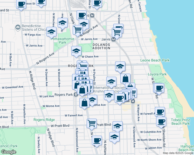 map of restaurants, bars, coffee shops, grocery stores, and more near 7049 North Paulina Street in Chicago