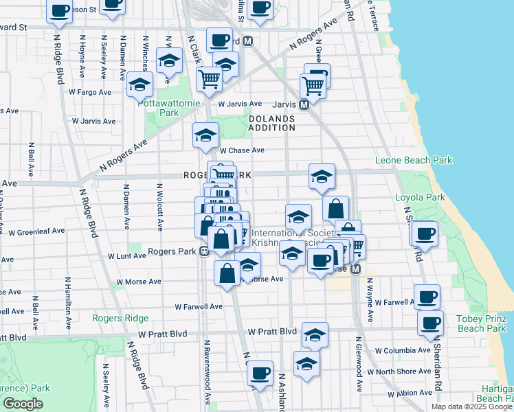 map of restaurants, bars, coffee shops, grocery stores, and more near 7049 North Paulina Street in Chicago