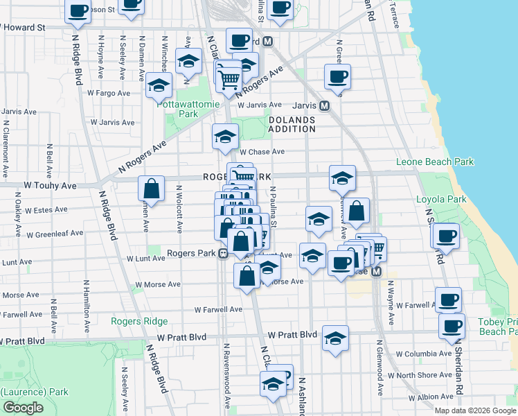 map of restaurants, bars, coffee shops, grocery stores, and more near 1730 West Greenleaf Avenue in Chicago