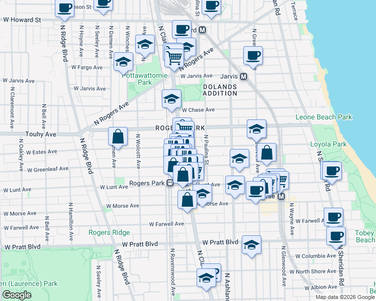 map of restaurants, bars, coffee shops, grocery stores, and more near 1730 West Greenleaf Avenue in Chicago