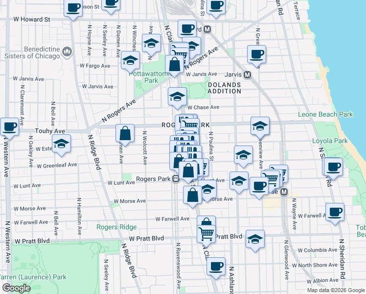map of restaurants, bars, coffee shops, grocery stores, and more near 7051 North Ravenswood Avenue in Chicago