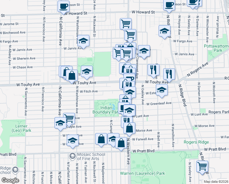 map of restaurants, bars, coffee shops, grocery stores, and more near 2424 West Estes Avenue in Chicago