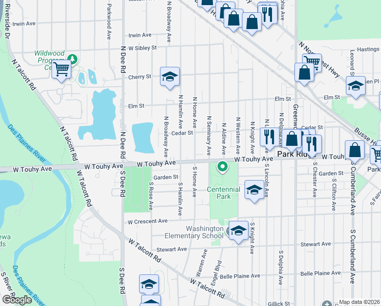 map of restaurants, bars, coffee shops, grocery stores, and more near 7 South Home Avenue in Park Ridge