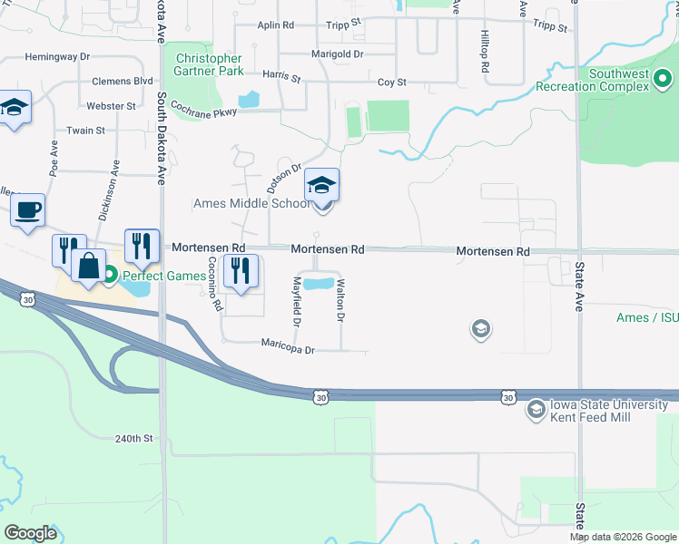 map of restaurants, bars, coffee shops, grocery stores, and more near 1327 Walton Drive in Ames
