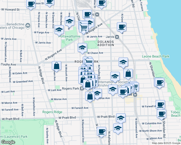 map of restaurants, bars, coffee shops, grocery stores, and more near 1730 West Greenleaf Avenue in Chicago