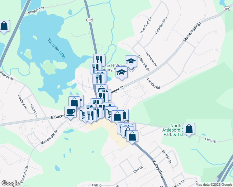 map of restaurants, bars, coffee shops, grocery stores, and more near 65 Messenger Street in Plainville