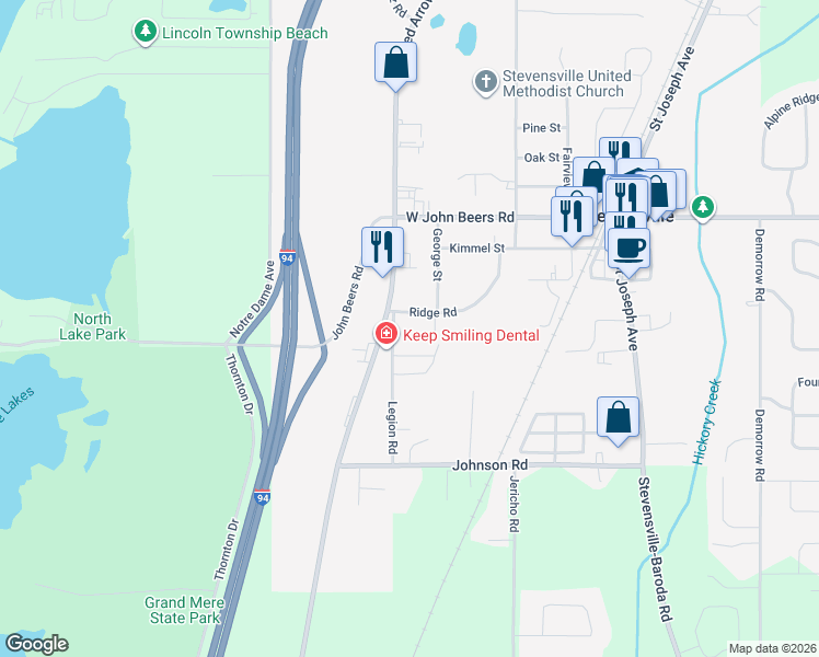 map of restaurants, bars, coffee shops, grocery stores, and more near 3045 Village Court in Stevensville