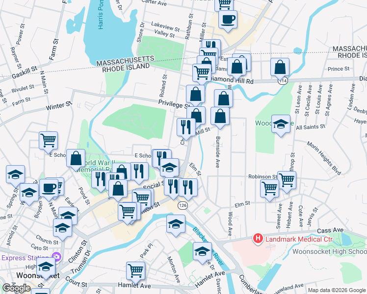map of restaurants, bars, coffee shops, grocery stores, and more near 626 East School Street in Woonsocket