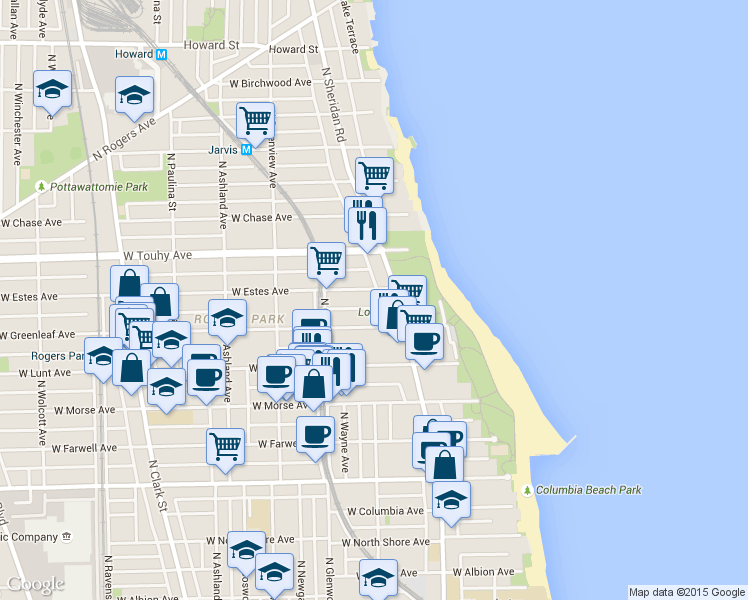 map of restaurants, bars, coffee shops, grocery stores, and more near 1354 West Greenleaf Avenue in Chicago