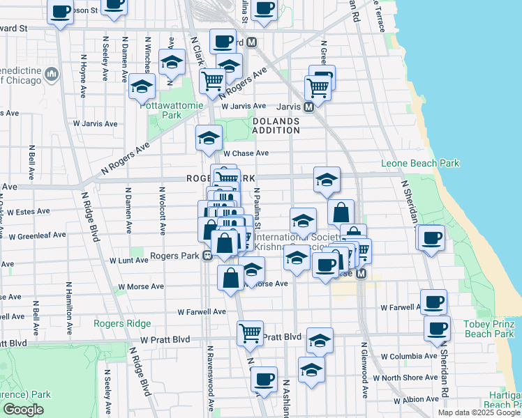 map of restaurants, bars, coffee shops, grocery stores, and more near 7075 North Paulina Street in Chicago