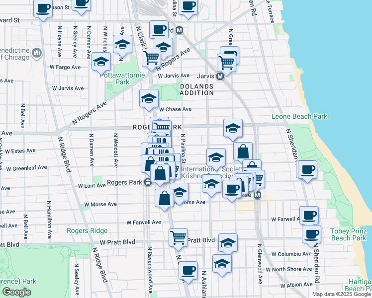 map of restaurants, bars, coffee shops, grocery stores, and more near 7075 North Paulina Street in Chicago