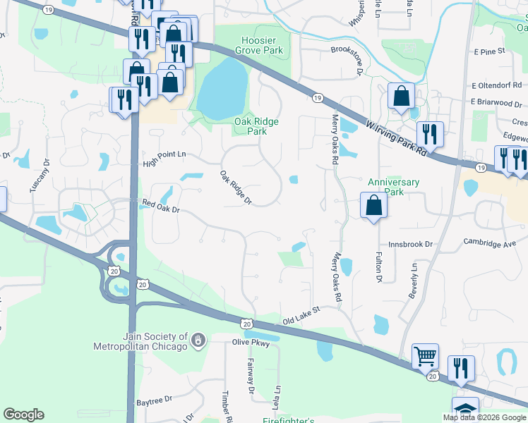map of restaurants, bars, coffee shops, grocery stores, and more near 9 Banbury Court in Streamwood