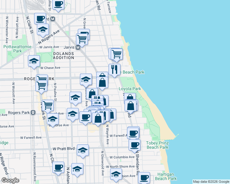 map of restaurants, bars, coffee shops, grocery stores, and more near 1329 West Touhy Avenue in Chicago