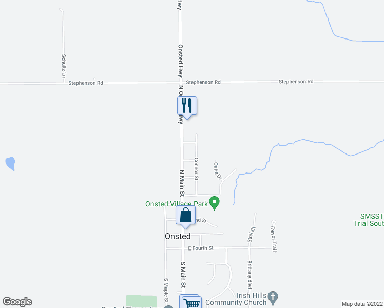 map of restaurants, bars, coffee shops, grocery stores, and more near 343 Connor Street in Onsted