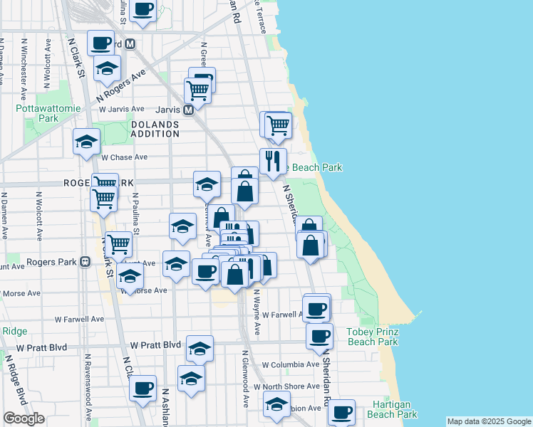 map of restaurants, bars, coffee shops, grocery stores, and more near 1329 West Touhy Avenue in Chicago