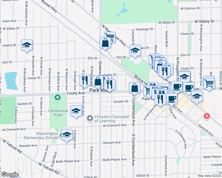 map of restaurants, bars, coffee shops, grocery stores, and more near 9 North Chester Avenue in Park Ridge