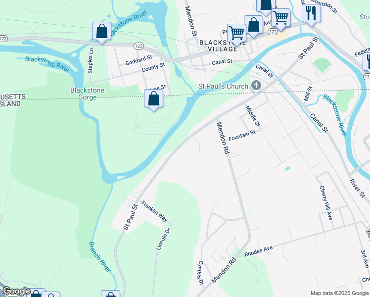 map of restaurants, bars, coffee shops, grocery stores, and more near 228 Saint Paul Street in North Smithfield