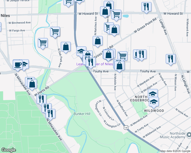 map of restaurants, bars, coffee shops, grocery stores, and more near 7131 North Caldwell Avenue in Chicago