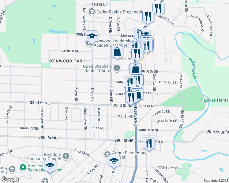 map of restaurants, bars, coffee shops, grocery stores, and more near 320 33rd Street Northeast in Cedar Rapids