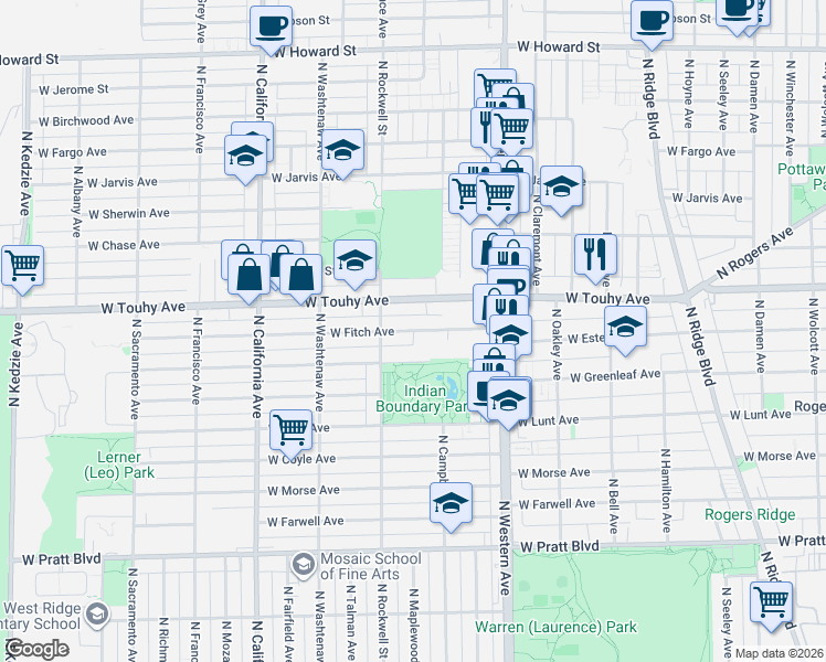 map of restaurants, bars, coffee shops, grocery stores, and more near 2530 West Fitch Avenue in Chicago