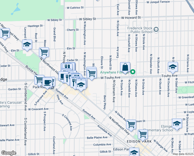 map of restaurants, bars, coffee shops, grocery stores, and more near 205 Touhy Avenue in Park Ridge