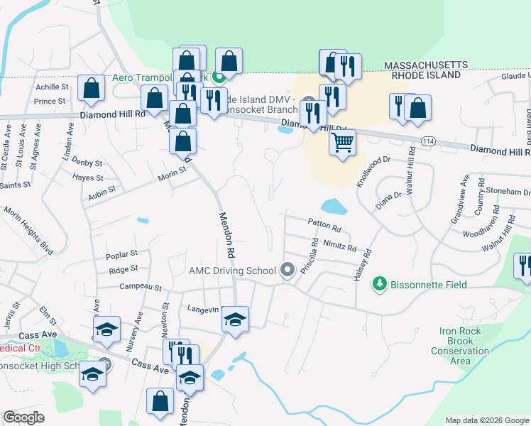 map of restaurants, bars, coffee shops, grocery stores, and more near 346 Village Road in Woonsocket