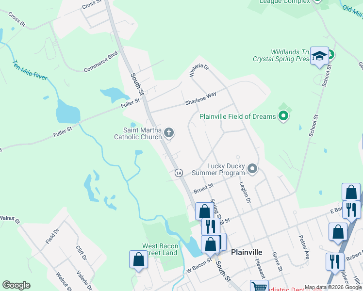 map of restaurants, bars, coffee shops, grocery stores, and more near 16 Maple Terrace Private in Plainville