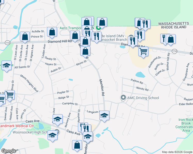 map of restaurants, bars, coffee shops, grocery stores, and more near 586R Mendon Road in Woonsocket