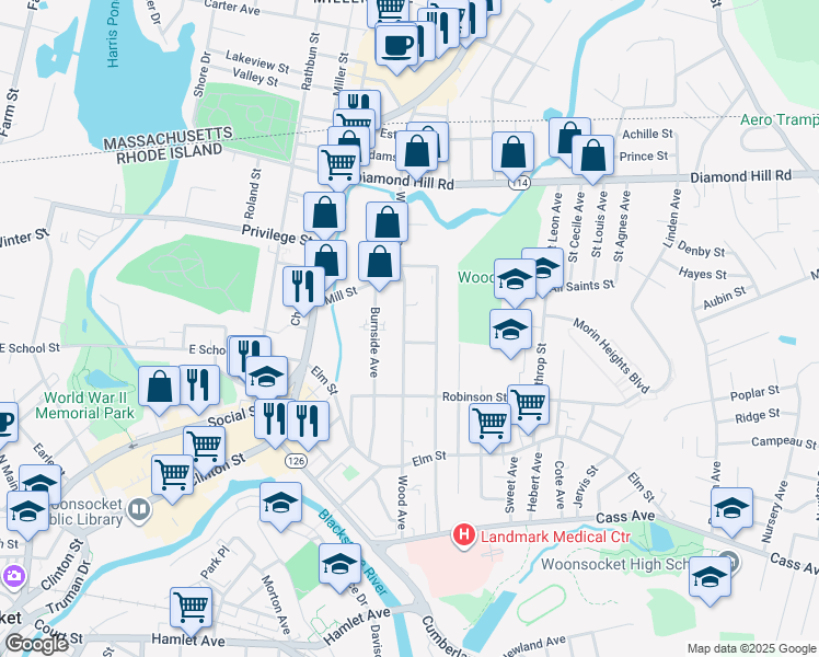 map of restaurants, bars, coffee shops, grocery stores, and more near 477 Wood Avenue in Woonsocket