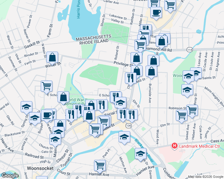 map of restaurants, bars, coffee shops, grocery stores, and more near 204 Rathbun Street in Woonsocket