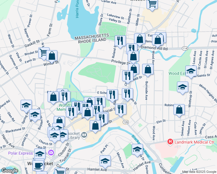 map of restaurants, bars, coffee shops, grocery stores, and more near 204 Rathbun Street in Woonsocket