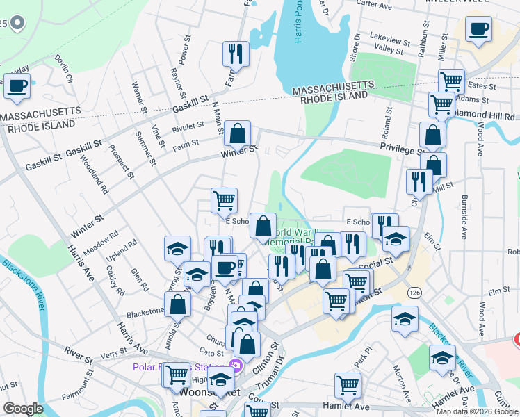 map of restaurants, bars, coffee shops, grocery stores, and more near 18 Laundry Street in Woonsocket