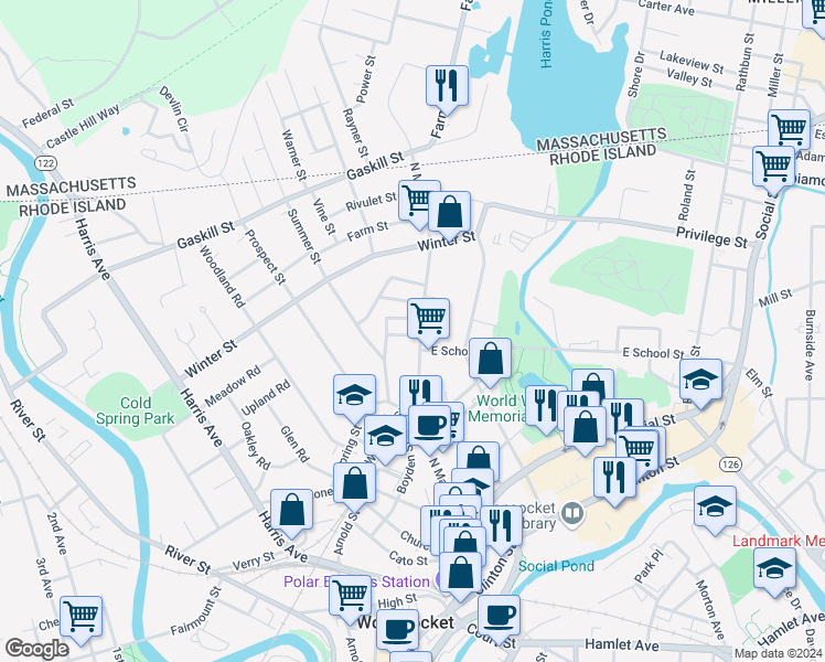map of restaurants, bars, coffee shops, grocery stores, and more near 469 North Main Street in Woonsocket