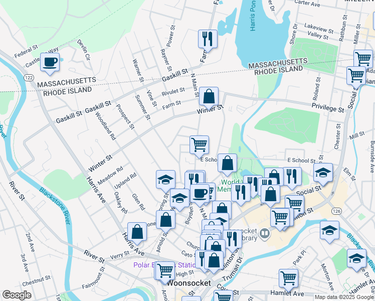 map of restaurants, bars, coffee shops, grocery stores, and more near 70 Phebe Street in Woonsocket