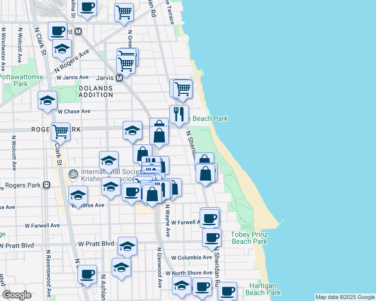 map of restaurants, bars, coffee shops, grocery stores, and more near 7098 North Sheridan Road in Chicago
