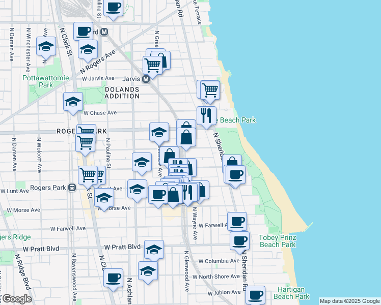 map of restaurants, bars, coffee shops, grocery stores, and more near 7107 North Glenwood Avenue in Chicago