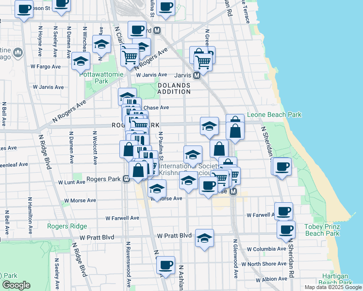 map of restaurants, bars, coffee shops, grocery stores, and more near 7114 North Ashland Boulevard in Chicago