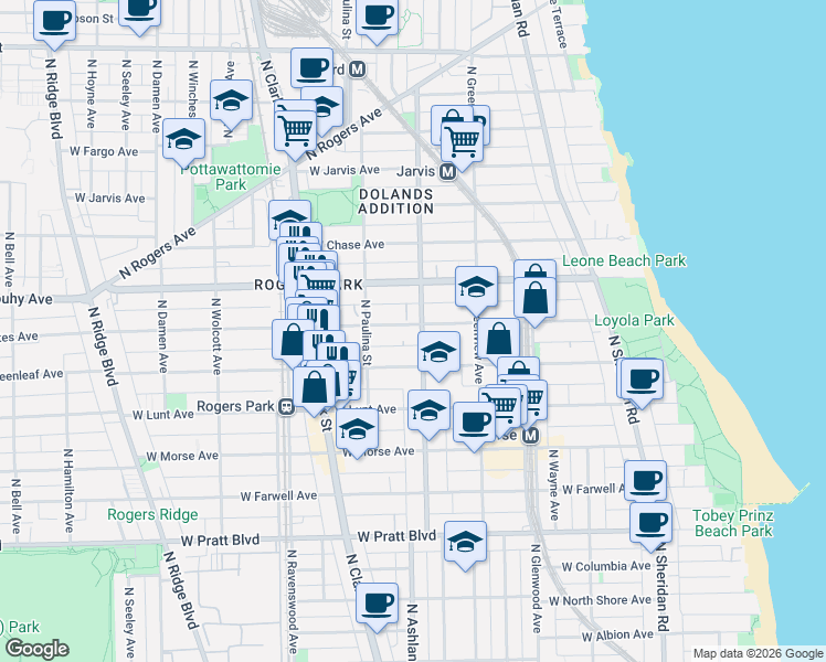 map of restaurants, bars, coffee shops, grocery stores, and more near 7114 North Ashland Boulevard in Chicago