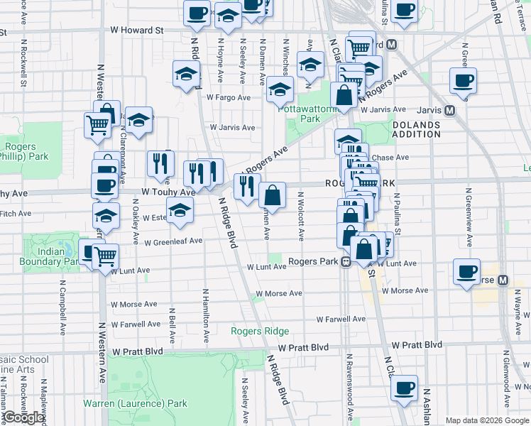 map of restaurants, bars, coffee shops, grocery stores, and more near 2018 West Estes Avenue in Chicago