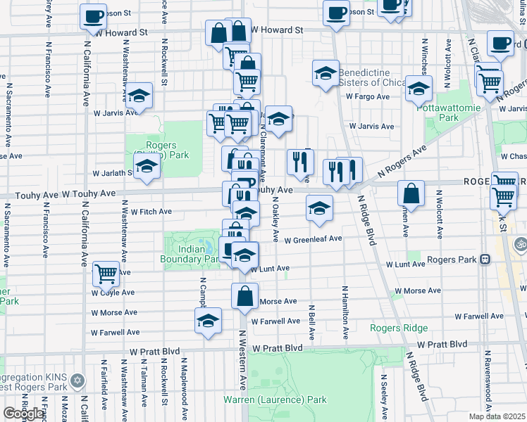 map of restaurants, bars, coffee shops, grocery stores, and more near 7128 North Oakley Avenue in Chicago