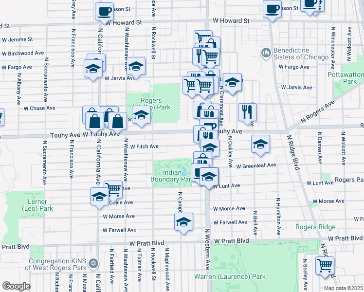 map of restaurants, bars, coffee shops, grocery stores, and more near 2501 West Touhy Avenue in Chicago